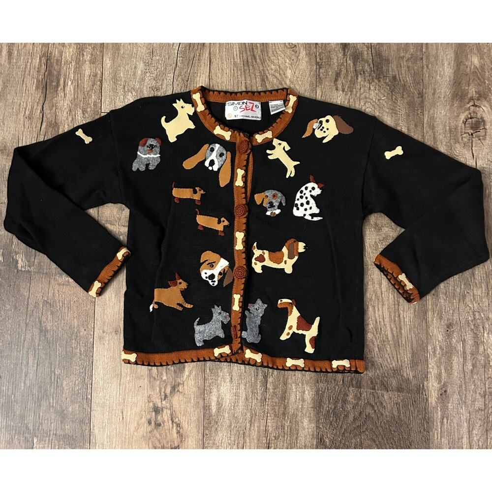 Michael Simon Sez VTG 90s Girls 10 Dog Embroidered Appliqué Art Cardigan Sweater